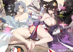 Rule 34 | &gt; &lt;, 2girls, absurdres, animal ears, ass, azur lane, bare shoulders, barefoot, bird, black hair, blue eyes, bow, breasts, chick, cleavage, cow ears, cow girl, cow horns, feet, flower, flying sweatdrops, foot focus, grey hair, hair bow, hair flower, hair ornament, highres, horns, huge breasts, instrument, japanese clothes, kashino (azur lane), kashino (robust floral strings) (azur lane), kimono, large breasts, long hair, looking at viewer, manjuu (azur lane), multiple girls, official alternate costume, parted lips, prossss, purple eyes, purple kimono, scroll, senran kagura, shamisen, short hair, toes, white bow, white flower, white kimono, yumi (senran kagura)