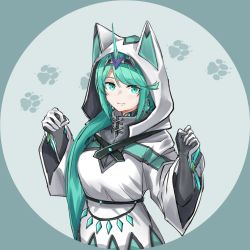 Rule 34 | 1girl, alternate costume, animal hood, breasts, commentary request, fangs, gloves, green eyes, green hair, highres, hood, large breasts, long hair, long sleeves, paw print, paw print background, pneuma (xenoblade), ponytail, round image, sarasadou dan, skin fangs, solo, spoilers, swept bangs, very long hair, white hood, xenoblade chronicles (series), xenoblade chronicles 2