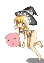 Rule 34 | 00s, 1girl, absurdres, ball, barefoot, beachball, bikini, blonde hair, broccoli (company), crossover, galaxy angel, hat, highres, kirisame marisa, normad, shi ecchi, simple background, swimsuit, touhou, white background, witch, witch hat, yellow eyes