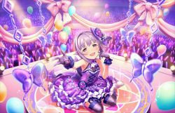 Rule 34 | 10s, 1girl, armpits, artist request, balloon, bare shoulders, blush, dress, finger to face, floral print, frilled dress, frills, garter straps, gloves, glowstick, hair ornament, half gloves, halterneck, idol, idolmaster, idolmaster cinderella girls, idolmaster cinderella girls starlight stage, koshimizu sachiko, looking at viewer, official art, open mouth, print gloves, print thighhighs, purple gloves, purple hair, short hair, sidelocks, sitting, sleeveless, solo, thighhighs