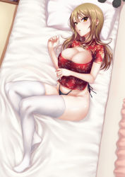 Rule 34 | 1girl, arm across waist, bed, black panties, blonde hair, blush, breasts, china dress, chinese clothes, cleavage, cleavage cutout, clothing cutout, commission, dress, from above, full body, hair between eyes, highleg, highleg panties, highres, hikaru ga chikyuu ni itakoro, indoors, large breasts, long hair, looking at viewer, lying, microdress, nekotama (tsuki), on bed, on side, panties, parted lips, pillow, red dress, shikibu honoka, short sleeves, side-tie panties, solo, thighhighs, underwear, white thighhighs, yellow eyes