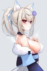 Rule 34 | 1girl, animal ear fluff, animal ears, black sash, blonde hair, blue hair, blue kimono, blush, breasts, dog ears, dog girl, flower, fuwawa abyssgard, fuwawa abyssgard (new year), hair flower, hair ornament, highres, hololive, hololive english, japanese clothes, kimono, large breasts, long hair, looking at viewer, multicolored hair, obi, official alternate costume, pink eyes, ponytail, rifufu, sash, sideboob, sleeveless, sleeveless kimono, solo, streaked hair, virtual youtuber