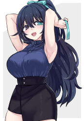 Rule 34 | 1girl, armpits, arms up, bare arms, belt, black belt, black eyes, black hair, black skirt, blue eyes, blue ribbon, blue shirt, blush, breasts, commentary request, genderswap, genderswap (mtf), hair ribbon, heterochromia, high ponytail, highres, hong lu (project moon), large breasts, limbus company, open mouth, project moon, ribbon, shiki (shikki46), shirt, shirt tucked in, skirt, smile, translation request, tying hair