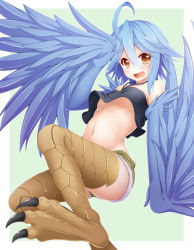 Rule 34 | 10s, 1girl, absurdres, ahoge, bird, blue hair, blue wings, breasts, chick, feathered wings, hair between eyes, harpy, highres, midriff, monster girl, monster musume no iru nichijou, navel, open mouth, papi (monster musume), scales, short shorts, shorts, simple background, small breasts, solo, talons, underboob, wakagi repa, winged arms, wings, yellow eyes