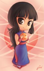 Rule 34 | 1girl, black eyes, black hair, chi-chi (dragon ball), china dress, chinese clothes, dragon ball, dragon ball (object), dress, female focus, long hair, looking at viewer, piinl, ponytail, smile, solo, standing