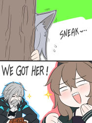 Rule 34 | 1boy, 2girls, 2koma, :d, animal ear fluff, animal ears, arknights, artist self-insert, baseball glove, black jacket, blush, chibi, closed eyes, colored shadow, comic, cuora (arknights), doctor (arknights), drop shadow, english text, facial hair, greyscale, guin guin, hair between eyes, hood, hood down, hooded jacket, jacket, long sleeves, male doctor (arknights), monochrome, multiple girls, mustache, open clothes, open jacket, open mouth, projekt red (arknights), shadow, sleeves past wrists, smile, sparkle, sweat, teeth, upper teeth only, v-shaped eyebrows, white jacket