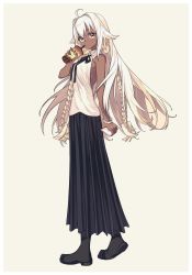 Rule 34 | 1girl, angellyuna, bare arms, bare shoulders, black footwear, black skirt, boots, braid, brown eyes, bubble tea, commentary request, cup, dark-skinned female, dark skin, disposable cup, drinking, drinking straw, fate/grand order, fate (series), full body, hair intakes, lakshmibai (fate), long hair, pleated skirt, shirt, simple background, skirt, sleeveless, sleeveless shirt, solo, twin braids, very long hair, white background, white hair, white shirt, wing collar