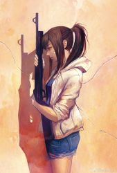 Rule 34 | 1girl, artist name, bandages, bandaged hand, blue shirt, blue shorts, brown hair, closed mouth, cover, cover page, cowboy shot, day, denim, denim shorts, from side, gun, highres, holding, holding gun, holding weapon, hood, hooded jacket, jacket, lips, long sleeves, medium hair, nose, open clothes, open jacket, original, ponytail, profile, rifle, shadow, shirt, shorts, sleeves pushed up, solo, standing, sunlight, wataboku, weapon, weibo watermark, white jacket