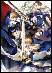 Rule 34 | 10s, 1boy, 2girls, ahoge, armor, armored dress, arthur pendragon (fate), artoria pendragon (all), artoria pendragon (fate), artoria pendragon (lancer) (fate), black border, blonde hair, border, bow, breasts, cape, commentary, crown, dress, elbow gloves, excalibur (fate/prototype), excalibur (fate/stay night), fate/extella, fate/extra, fate/grand order, fate/prototype, fate/stay night, fate (series), fur trim, gauntlets, gloves, green eyes, hair between eyes, heattech leotard, highres, holding, holding sword, holding weapon, large breasts, multiple girls, pixiv fate/grand order contest 2, pvc parfait, rhongomyniad (fate), saber (fate), short hair, sword, turtleneck, twitter username, weapon