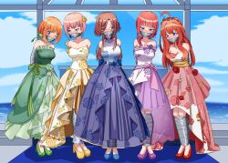 5girls absurdres ahoge alternate_costume alternate_hairstyle arms_behind_back bare_shoulders bdsm blue_dress blue_eyes blunt_bangs blush bondage bound bound_ankles bound_arms bound_legs breasts brown_hair choker collarbone dress duct_tape floral_print flower frilled_dress frills gag gagged go-toubun_no_hanayome green_dress green_ribbon hair_flower hair_ornament halterneck high_heels highres improvised_gag large_breasts layered_dress looking_at_viewer low_ponytail multiple_girls nakano_ichika nakano_itsuki nakano_miku nakano_nino nakano_yotsuba orange_hair pink_hair purple_dress quintuplets red_dress red_hair restrained ribbon see-through_clothes see-through_skirt siblings sisters skirt sleeveless sleeveless_dress strapless strapless_dress tape tape_bondage tape_gag thalter39o yellow_dress