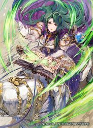 Rule 34 | 1girl, armor, armored boots, book, boots, cape, cecilia (fire emblem), copyright name, feathers, fire emblem, fire emblem: the binding blade, fire emblem cipher, gloves, green hair, horse, itou misei, long hair, magic, nintendo, official art, solo, staff, white armor, yellow eyes
