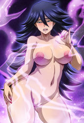 Rule 34 | 1girl, aura, black hair, blue eyes, blush, boku no hero academia, breasts, cleft of venus, completely nude, curvy, highres, large breasts, long hair, looking at viewer, midnight (boku no hero academia), mole, mole under eye, nail polish, navel, nipples, nude, open mouth, purple aura, pussy, sano br, solo, standing, wide hips