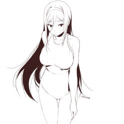 Rule 34 | 10s, 1girl, breasts, dated, hair between eyes, hairband, hand on thigh, highres, hyouka, irisu fuyumi, large breasts, lineart, long hair, monochrome, one-piece swimsuit, sasamori tomoe, solo, sweat, swimsuit, thigh gap, very long hair