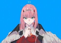 Rule 34 | 1girl, aoi (altea0923), blue background, blunt bangs, commentary request, darling in the franxx, green eyes, hairband, hand up, holding, horns, jacket, jacket on shoulders, long hair, long sleeves, looking at viewer, oni horns, partial commentary, pink hair, red horns, simple background, solo, straight-on, upper body, white hairband, zero two (darling in the franxx)