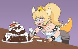 Rule 34 | 1girl, apron, armlet, bare shoulders, black dress, blonde hair, blue eyes, bowsette, bracelet, breasts, cake, cleavage, collar, dress, earrings, fang, food, horns, jewelry, mario (series), medium breasts, monster girl, new super mario bros. u deluxe, nintendo, open mouth, ponytail, purple background, siansaar, simple background, slit pupils, solo, spiked armlet, spiked bracelet, spiked collar, spiked shell, spiked tail, spikes, super crown, tail, tears, teeth, tongue, upper teeth only
