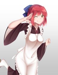 Rule 34 | 1girl, ;p, absurdres, apron, blue bow, bow, breasts, commentary request, frilled apron, frills, hair bow, highres, japanese clothes, kimono, kohaku (tsukihime), looking at viewer, medium breasts, one eye closed, red hair, salute, short hair, smile, socks, solo, thighs, tongue, tongue out, tsukihime, white apron, white socks, wide sleeves, yellow eyes, zero0ex