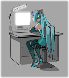 Rule 34 | 1girl, aqua hair, arms on table, bare shoulders, belt, chair, commentary, desk, detached sleeves, full body, grey background, hair ornament, hatsune miku, lamp, leaning forward, long hair, monitor, nippori honsha, shirt, sitting, skirt, sleeveless, sleeveless shirt, solo, spot color, thighhighs, twintails, very long hair, vocaloid