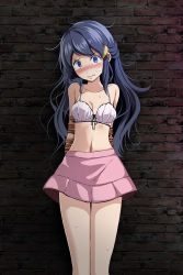 Rule 34 | 1girl, against wall, arms behind back, black ribbon, blue eyes, blue hair, blush, bound, bound arms, bow, bow bra, bra, breasts, cleavage, clenched teeth, collarbone, creatures (company), dawn (pokemon), game freak, hair ornament, head tilt, long hair, looking at viewer, medium breasts, midriff, miniskirt, navel, nintendo, pink skirt, pokemon, pokemon dppt, restrained, ribbon, rope, skirt, solo, standing, stomach, sweatdrop, tears, teeth, tied up, tsukishiro saika, underwear, very long hair, white bra