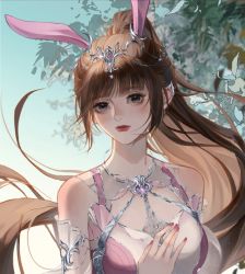 Rule 34 | 1girl, absurdres, animal ears, blush, breasts, brown hair, closed mouth, douluo dalu, dress, expressionless, gleam, green background, hair ornament, hand on own chest, highres, leaf, medium breasts, pink dress, ponytail, rabbit ears, solo, upper body, xiao wu (douluo dalu), zenme maorongrong de a