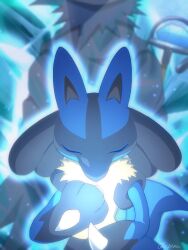Rule 34 | 1boy, blurry, cape, closed eyes, commentary request, creatures (company), facing viewer, game freak, gen 4 pokemon, glowing, highres, lucario, male focus, monaka (hc pkmn), nintendo, pokemon, pokemon: lucario and the mystery of mew, pokemon (anime), pokemon (creature), pokemon rse (anime), sir aaron, spiked hair, spikes, staff, twitter username, yellow fur