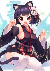 Rule 34 | 1girl, animal ear fluff, animal ears, azur lane, black hair, black kimono, black sash, black sleeves, blunt bangs, blush, bob cut, breasts, cat ears, cat girl, cat tail, commentary request, detached sleeves, emurin, fang, feet out of frame, fox mask, heart, heart-shaped pupils, highres, japanese clothes, kimono, large breasts, looking at viewer, mask, mask on head, obi, open mouth, red eyes, sash, short hair, sideboob, sitting, skin fang, smile, solo, symbol-shaped pupils, tail, thighhighs, white thighhighs, wide sleeves, yamashiro (azur lane)