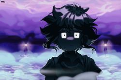 Rule 34 | 1boy, absurdres, black hair, closed mouth, expressionless, fog, glowing, glowing eyes, highres, lamppost, looking at viewer, omori, remi (mozzaremi), short hair, solo, spoilers, stranger (omori), upper body, water, white eyes