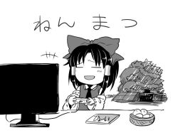Rule 34 | 1girl, ascot, bow, chibi, christmas tree, comic, commentary request, controller, detached sleeves, closed eyes, fruit bowl, game controller, greyscale, hair bow, hair tubes, hakurei reimu, japanese clothes, monitor, monochrome, monochrome, nontraditional miko, open mouth, sitting, smile, solo, star (symbol), tako (plastic protein), touhou, translation request, white background, wide sleeves