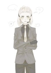 Rule 34 | 1girl, black gloves, black suit, blonde hair, collared shirt, cowboy shot, crossed arms, formal, frau butterfly, gloves, hair slicked back, hairband, highres, hunter x hunter, looking at viewer, microphone, necktie, shirt, short hair, simple background, solo, speech bubble, suit, theta (hunter x hunter), white background, yellow necktie