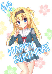 Rule 34 | 1girl, alternate costume, aqua jacket, arm at side, black hairband, blonde hair, blue eyes, blush, bow, breasts, chitose sana, closed mouth, commentary request, company connection, cowboy shot, double bun, eyes visible through hair, floral print, frilled skirt, frills, hair between eyes, hair bun, hair intakes, hairband, hand up, happy, happy birthday, igarashi kenji, jacket, long hair, long sleeves, looking at viewer, miniskirt, red bow, red ribbon, ribbon, sailor collar, school uniform, senren banka, shiny skin, simple background, skirt, small breasts, smile, solo, standing, tenshinranman, two side up, v, white background, white sailor collar, yuzu-soft