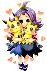 Rule 34 | 1girl, :3, acerola (pokemon), ahoge, back bow, black dress, black eyes, blue eyes, blush stickers, bow, child, closed mouth, collarbone, creatures (company), dress, female focus, full body, game freak, gen 7 pokemon, hair ornament, happy, heart, heart background, highres, holding, holding pokemon, looking at viewer, marker (medium), mimikyu, mofuo, nintendo, pokemon, pokemon (creature), pokemon sm, purple footwear, purple hair, red bow, sandals, short hair, simple background, smile, standing, striped, striped bow, traditional media, trial captain, wavy mouth, white background
