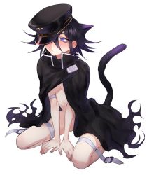 Rule 34 | 1boy, animal ears, arm support, bandages, belt, between legs, black cape, black hair, black hat, blush, cape, cat ears, cat tail, commentary request, danganronpa (series), danganronpa v3: killing harmony, frown, hand between legs, hat, hat over one eye, highres, long hair, male focus, naked cape, nanin, oma kokichi, purple eyes, purple hair, simple background, sitting, solo, tail, torn cape, torn clothes, wariza, white background, white belt