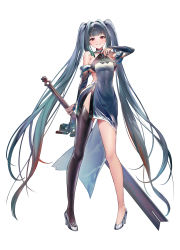 Rule 34 | 1girl, bare shoulders, black dress, blush, breasts, bridal gauntlets, brown thighhighs, copyright request, covered navel, dress, fingernails, full body, gradient hair, green hair, grey footwear, grey hair, hand on own chest, high heels, highres, holding, holding sword, holding weapon, hoojiro, huge weapon, long hair, looking at viewer, medium breasts, multicolored hair, nail polish, pigeon-toed, red eyes, red nails, short dress, side slit, simple background, single thighhigh, smile, solo, sword, thighhighs, very long hair, weapon, white background