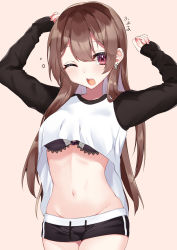 Rule 34 | 1girl, abe suke, absurdres, arms up, black bra, black shorts, bra, brown background, brown hair, commentary request, cowboy shot, drawstring, ear piercing, earrings, groin, hair between eyes, highres, jewelry, lace, lace-trimmed bra, lace trim, long hair, long sleeves, looking at viewer, lowleg, lowleg shorts, nail polish, navel, one eye closed, open mouth, original, piercing, raglan sleeves, red eyes, red nails, shirt, short shorts, shorts, simple background, sleepy, sleeves past wrists, solo, stretching, teeth, translation request, underwear, upper teeth only, very long hair, white shirt