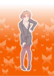 Rule 34 | 00s, 1girl, adjusting hair, bra, bra slip, breasts, brown eyes, brown hair, check (check book), cleavage, formal, hand on own hip, high heels, highres, hip focus, jacket, jewelry, leaning forward, lingerie, natsuki rin, necklace, one eye closed, open mouth, orange background, pantyhose, peke (pixiv1607147), pencil skirt, precure, red hair, red pantyhose, shoes, short hair, skirt, skirt suit, small breasts, striped, suit, underwear, wink, yes! precure 5