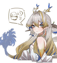 1girl absurdres aby554l aby_(user_fvmf5222) arknights blonde_hair blue_eyes blue_hair blue_horns blue_tail blush brown_horns brown_tail dragon_girl eastern_dragon_horns eastern_dragon_tail grey_hair highres horns looking_at_viewer multicolored_hair multicolored_horns pointy_ears shu_(arknights) solo speech_bubble streaked_hair tail two-tone_tail white_hair white_horns