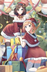 Rule 34 | 2girls, balloon, bare shoulders, belt, beret, black belt, black hair, black thighhighs, blonde hair, blue eyes, blurry, blurry background, blush, boots, box, breasts, capelet, christmas, christmas ornaments, christmas tree, cleavage, closed mouth, commentary request, depth of field, dress, enuni, fur-trimmed capelet, fur-trimmed dress, fur-trimmed headwear, fur-trimmed sleeves, fur trim, gift, gift box, green eyes, hair ornament, hairclip, hat, highres, hoshino sora (enuni), indoors, kneeling, long hair, long sleeves, medium breasts, multiple girls, off-shoulder dress, off shoulder, original, red capelet, red dress, red footwear, red headwear, santa costume, santa hat, smile, standing, swept bangs, thighhighs, thighhighs under boots, white thighhighs, yumesaki emiko