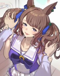 Rule 34 | 1girl, 1other, animal ears, blurry, blurry background, blush, bow, bowtie, breasts, brown hair, commission, ear piercing, highres, holding another&#039;s wrist, horse ears, long hair, long sleeves, looking at viewer, multicolored nails, open mouth, piercing, purple eyes, purple shirt, sailor collar, shirt, short sleeves, skeb commission, skirt, small breasts, smile, solokitsune, standing, tosen jordan (umamusume), trainer (umamusume), twintails, umamusume, white skirt