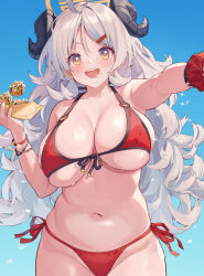 Rule 34 | + +, 1girl, ahoge, bare shoulders, bikini, black horns, blue archive, blue background, blush, breasts, cleavage, cowboy shot, flipped hair, food, food on face, front-tie bikini top, front-tie top, hair ornament, hairclip, highres, holding, holding food, horns, huge breasts, izumi (blue archive), izumi (swimsuit) (blue archive), large breasts, long hair, looking at viewer, messy hair, navel, o-ring, o-ring bikini, official alternate costume, open mouth, orange eyes, outstretched arm, plump, red bikini, red nails, red scrunchie, red wristband, scrunchie, side-tie bikini bottom, simple background, smile, solo, stomach, swimsuit, takoyaki, tareme, u jie, wet, white hair, wide hips, wrist scrunchie