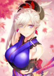 Rule 34 | &gt;:), 1girl, autumn leaves, bare shoulders, blurry, blush, breast hold, breasts, closed mouth, crossed arms, depth of field, detached sleeves, earrings, fate/grand order, fate (series), hair ornament, japanese clothes, jewelry, kimono, large breasts, looking at viewer, miyamoto musashi (fate), miyamoto musashi (first ascension) (fate), okitakung, ponytail, purple eyes, silver hair, smile, solo, upper body, v-shaped eyebrows