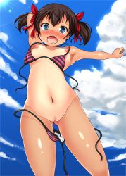 Rule 34 | 1girl, arms up, bikini, blue eyes, blush, breasts, brown hair, cleft of venus, cloud, day, hair ribbon, highres, navel, nipples, nude, one-piece tan, open mouth, original, pussy, ribbon, short hair, sky, small breasts, solo, striped bikini, striped clothes, sukesan, swimsuit, tan, tanline, twintails, uncensored, wardrobe malfunction