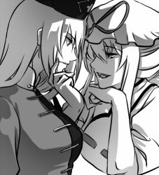 Rule 34 | 2girls, backlighting, breasts, eye contact, frown, greyscale, hair up, hand on another&#039;s face, hat, hat ribbon, head rest, ktsis, large breasts, long hair, looking at another, mob cap, monochrome, multiple girls, neck, nose, nurse cap, out of frame, ribbon, smile, touhou, yagokoro eirin, yakumo yukari