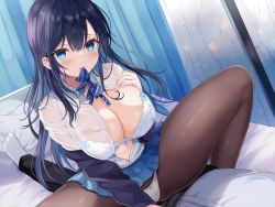 Rule 34 | 1boy, 1girl, bed, bed sheet, black cardigan, black hair, black pants, blue eyes, blue hair, blue skirt, blush, bowtie, bowtie in mouth, bra, breasts, brown pantyhose, cardigan, cleavage, collared shirt, commentary request, covered erect nipples, curtains, girl on top, hair between eyes, hand up, highres, indoors, jacket, lace, lace-trimmed bra, lace trim, large breasts, long hair, looking at viewer, miniskirt, mouth hold, multicolored hair, neckwear request, off shoulder, on bed, open clothes, open jacket, open shirt, original, panties, panties under pantyhose, pants, pantyhose, partially unbuttoned, pleated skirt, rain, retsuto, school uniform, see-through, see-through legwear, see-through shirt, shirt, sidelocks, sitting, sitting on person, skirt, smile, socks, solo focus, spread legs, straddling, streaked hair, thighs, underwear, undone bowtie, uniform, wet, wet clothes, wet hair, wet shirt, white bra, white panties, white shirt, white socks, window
