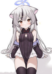Rule 34 | 1girl, absurdres, animal ears, black dress, black hair, black thighhighs, blue archive, blue halo, blush, brown eyes, chinese commentary, closed mouth, clothing cutout, commentary, cowboy shot, dress, grey hair, hair between eyes, halo, highres, kokona (blue archive), long hair, looking at viewer, multicolored hair, nagisa (cxcx5235), simple background, sleeveless, sleeveless dress, solo, streaked hair, striped clothes, striped dress, thighhighs, tiger ears, vertical-striped clothes, vertical-striped dress, white background