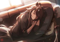 Rule 34 | 1girl, absurdres, ahoge, animal ears, arknights, arrow (projectile), artist logo, black pants, black shirt, blush, brown hair, casual, commentary, couch, day, english commentary, closed eyes, ezraqi, female focus, hair between eyes, highres, horse ears, indoors, long hair, lying, meteor (arknights), on side, pants, parted lips, pillow, quiver, shirt, sleeping, solo, sunlight, white hair, window