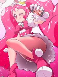 Rule 34 | 10s, 1girl, ;), blush, boots, cake hair ornament, closed mouth, cure whip, earrings, food-themed hair ornament, gloves, hair ornament, jewelry, kamen rider, kirakira precure a la mode, long hair, looking at viewer, magical girl, one eye closed, pink eyes, pink footwear, pink hair, pom pom (clothes), pom pom earrings, precure, smile, solo, tj-type1, twintails, usami ichika, white gloves