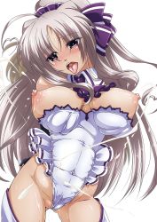 Rule 34 | 1girl, ahoge, arms behind back, blush, breasts, breasts out, detached collar, grey hair, hair ribbon, highres, lactation, large breasts, leotard, long hair, lyrical nanoha, nipples, open mouth, purple eyes, ribbon, rinne berlinetta, solo, tappa (esperanza), tongue, tongue out, vivid strike!