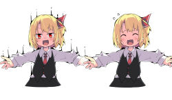 Rule 34 | 1girl, ^ ^, black skirt, black vest, blonde hair, blush, closed eyes, commentary request, cropped legs, closed eyes, fang, flying sweatdrops, hair ribbon, long sleeves, looking at viewer, multiple views, necktie, noya makoto, open mouth, outstretched arms, red eyes, red neckwear, red ribbon, ribbon, rumia, shirt, short hair, simple background, skin fang, skirt, slit pupils, smile, spread arms, sweatdrop, touhou, upper body, vest, white background, white shirt