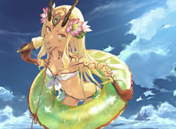 Rule 34 | 1girl, :p, bandeau, bare shoulders, bikini, blonde hair, blue sky, breasts, butt crack, cleavage, cloud, cloudy sky, cowboy shot, day, downpants, duplicate, earrings, facial mark, fate/grand order, fate (series), flower, food, from above, front-tie bikini top, front-tie top, gluteal fold, hair flower, hair ornament, highres, horns, ibaraki douji (fate), ice cream, ice cream cone, innertube, jewelry, leaning forward, long hair, looking at viewer, looking up, md5 mismatch, navel, redjuice, resolution mismatch, side-tie bikini bottom, sidelocks, sky, small breasts, solo, source smaller, swim ring, swimsuit, tattoo, tongue, tongue out, very long hair, yellow eyes