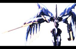 Rule 34 | arm blade, glowing, highres, horns, letterboxed, makoppe 730, mark alles, mecha, no humans, robot, solo, soukyuu no fafner, spikes, weapon, white background, wings
