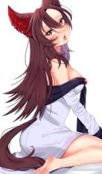 Rule 34 | 1girl, animal ear fluff, animal ears, bare shoulders, barefoot, blush, breasts, brown eyes, brown hair, commentary request, dirty, dirty feet, dress, eyelashes, fangs, forehead, hair between eyes, highres, imaizumi kagerou, large breasts, long hair, long sleeves, looking at viewer, off-shoulder dress, off shoulder, open mouth, sidelocks, simple background, sitting, solo, tail, teeth, tongue, tongue out, touhou, uchisaki himari, upper teeth only, wariza, white background, white dress, wolf ears, wolf girl, wolf tail